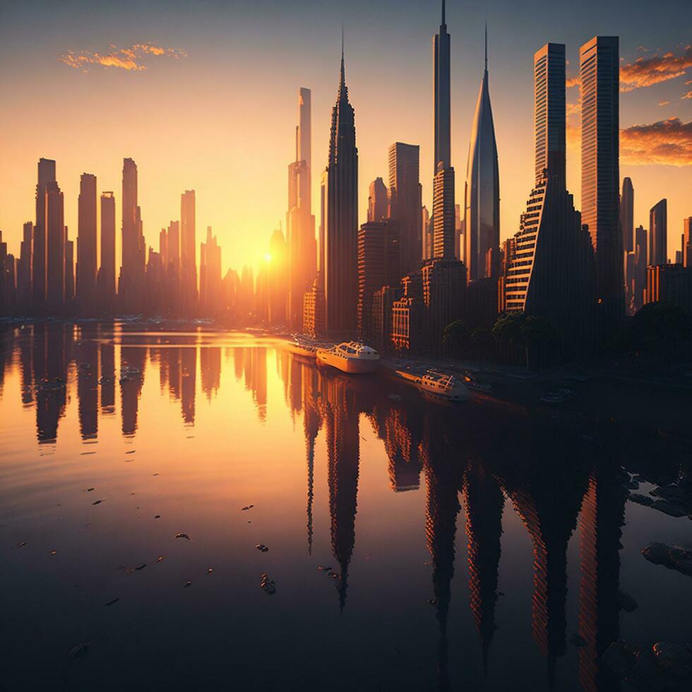 Building City And Sunset, AI Generated photo