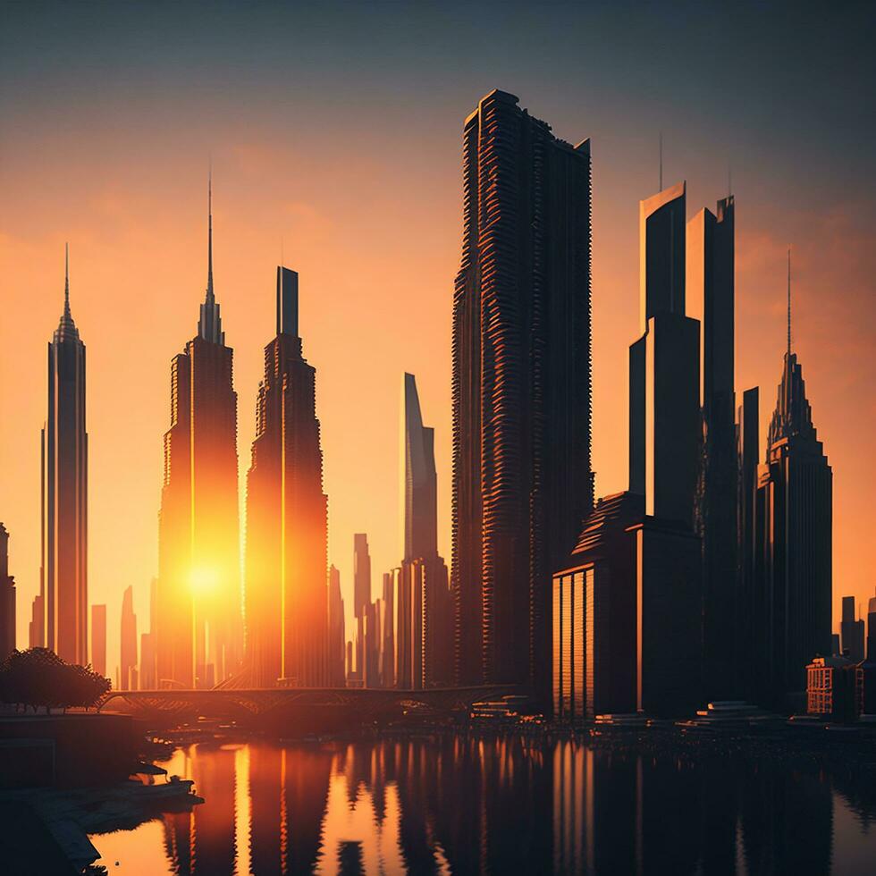 Building City And Sunset, AI Generated photo