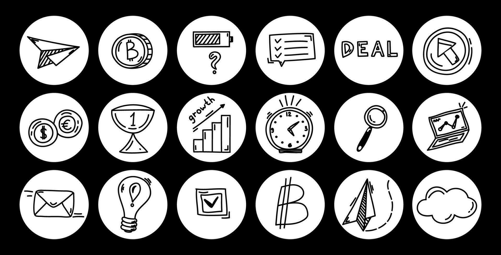 Doodle business icons in circles, sketch elements, financial hand drawn illustration. Vector growth success concept
