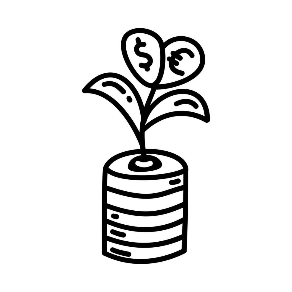 Doodle money tree with coins. Finance hand drawn plant vector