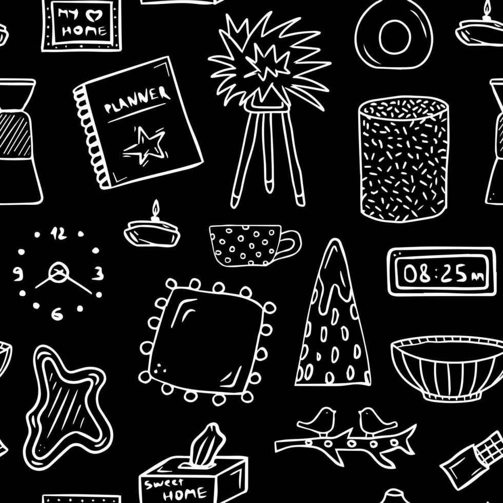 Doodle home decor interior pattern. Seamless background with house design accessories, lamp, candle, pillow, cup, clock, mirror, pouf vector