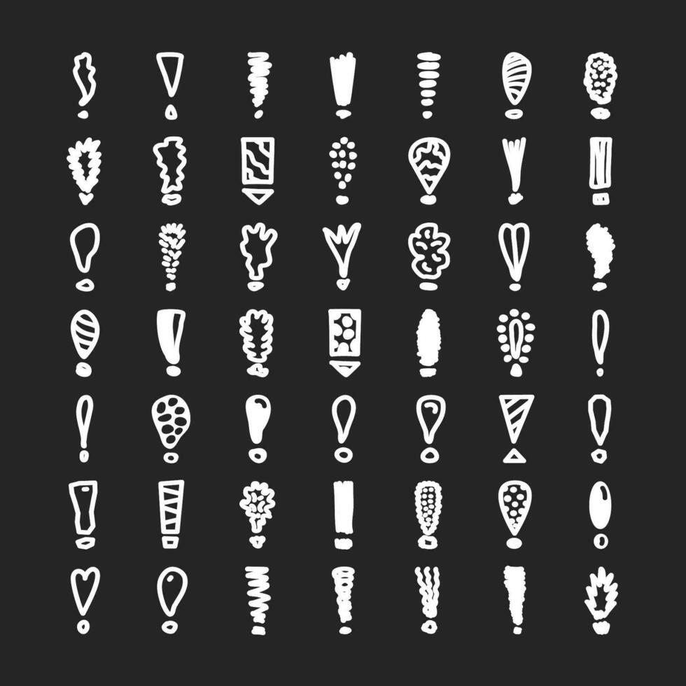 Doodle exclamation mark set. Scribble chalkboard hand drawn exclamation icons. Sketch vector danger information signs on black background