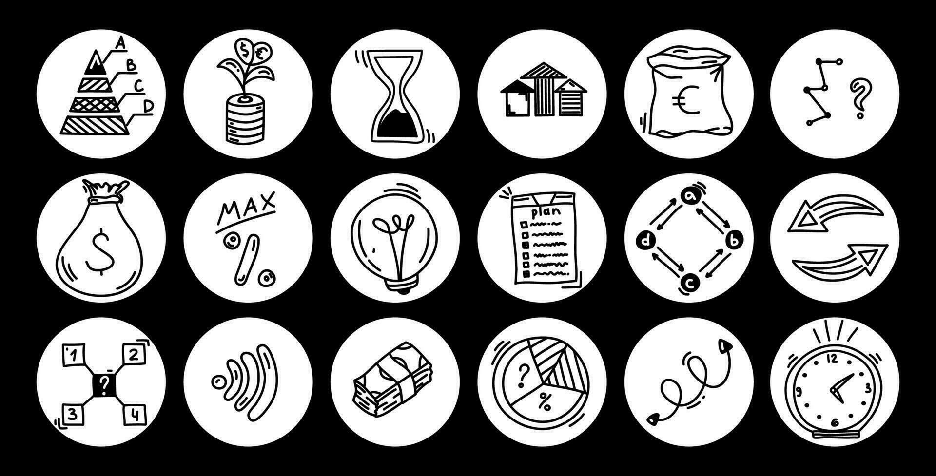 Doodle business icons in circles, sketch elements, financial hand drawn illustration. Pyramid, money, schemes, coins, lamp, time, arrows. Vector growth success concept on black background