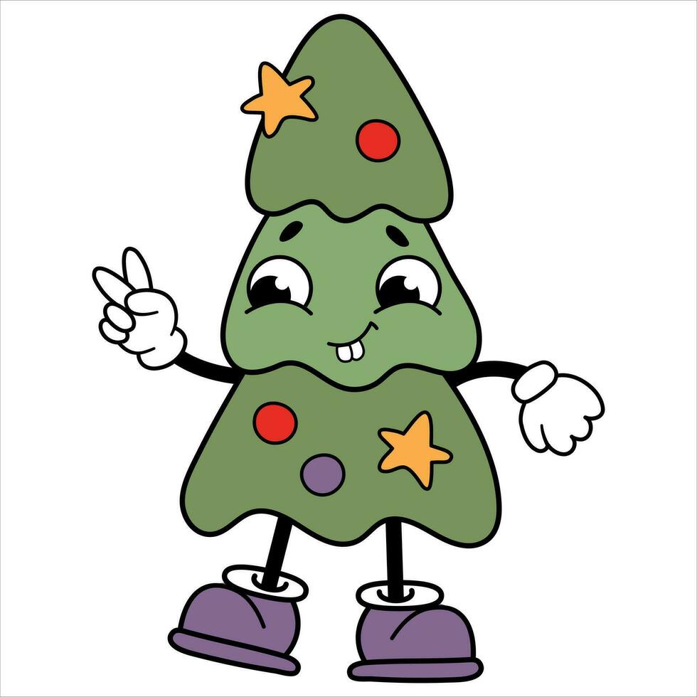 Retro Christmas tree kawaii. Cute Christmas tree with a face, arms and legs. vector