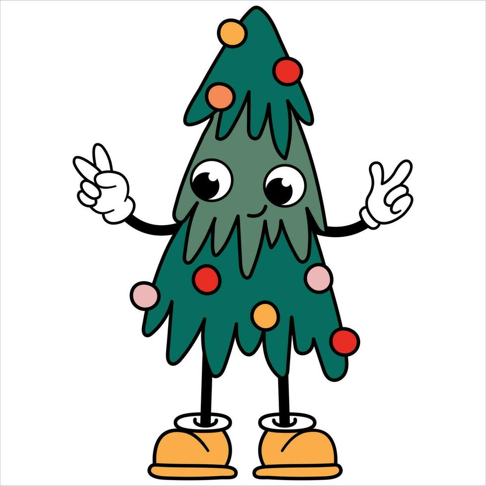 Retro Christmas tree kawaii. Cute Christmas tree with a face, arms and legs. vector