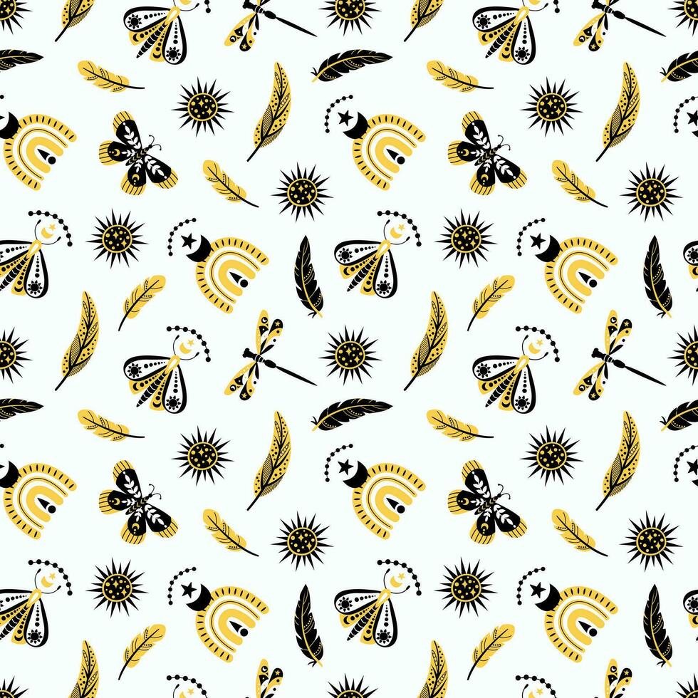 Seamless pattern of celestial bodies and mystical magic elements in vintage boho style. Endless textures for your design. vector