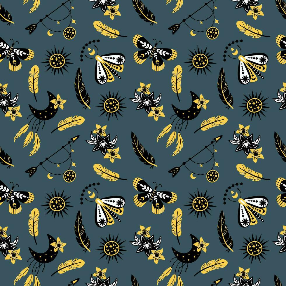 Seamless pattern of celestial bodies and mystical magic elements in vintage boho style. Endless textures for your design. vector