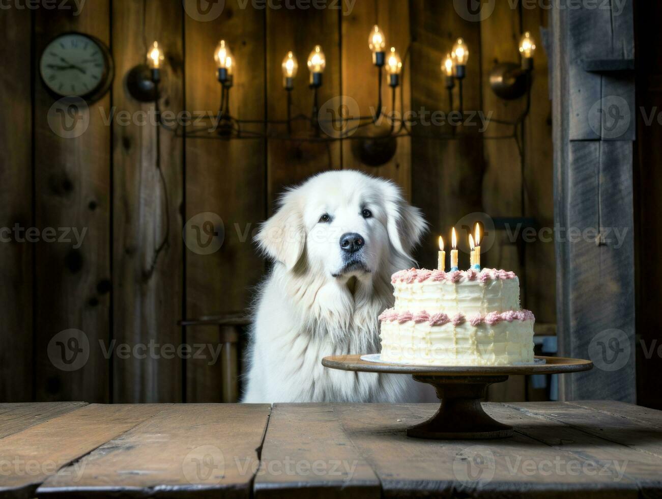 Adorable dog posing with a birthday cake at a celebration AI Generative photo