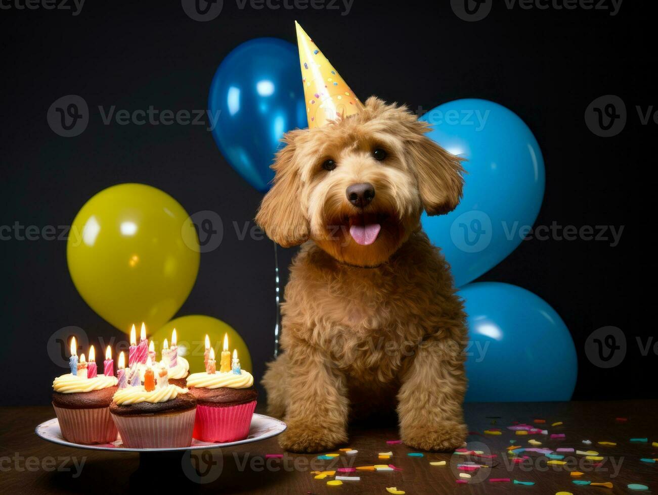 Adorable dog posing with a birthday cake at a celebration AI Generative photo