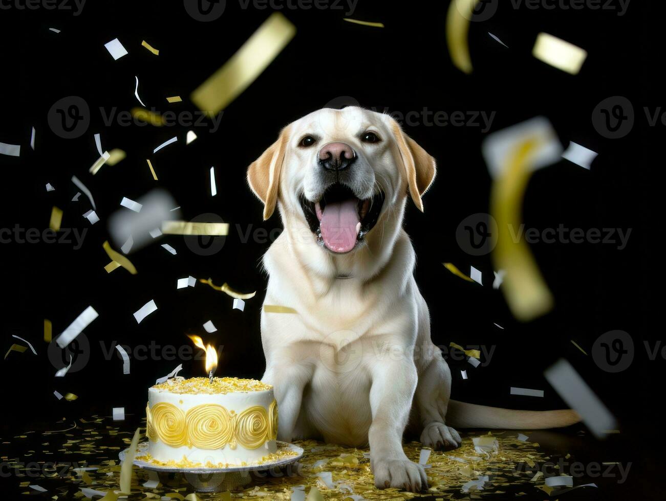 Adorable dog posing with a birthday cake at a celebration AI Generative photo