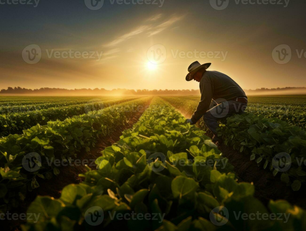 Farmer tending to rows of crops in a sunlit field AI Generative photo