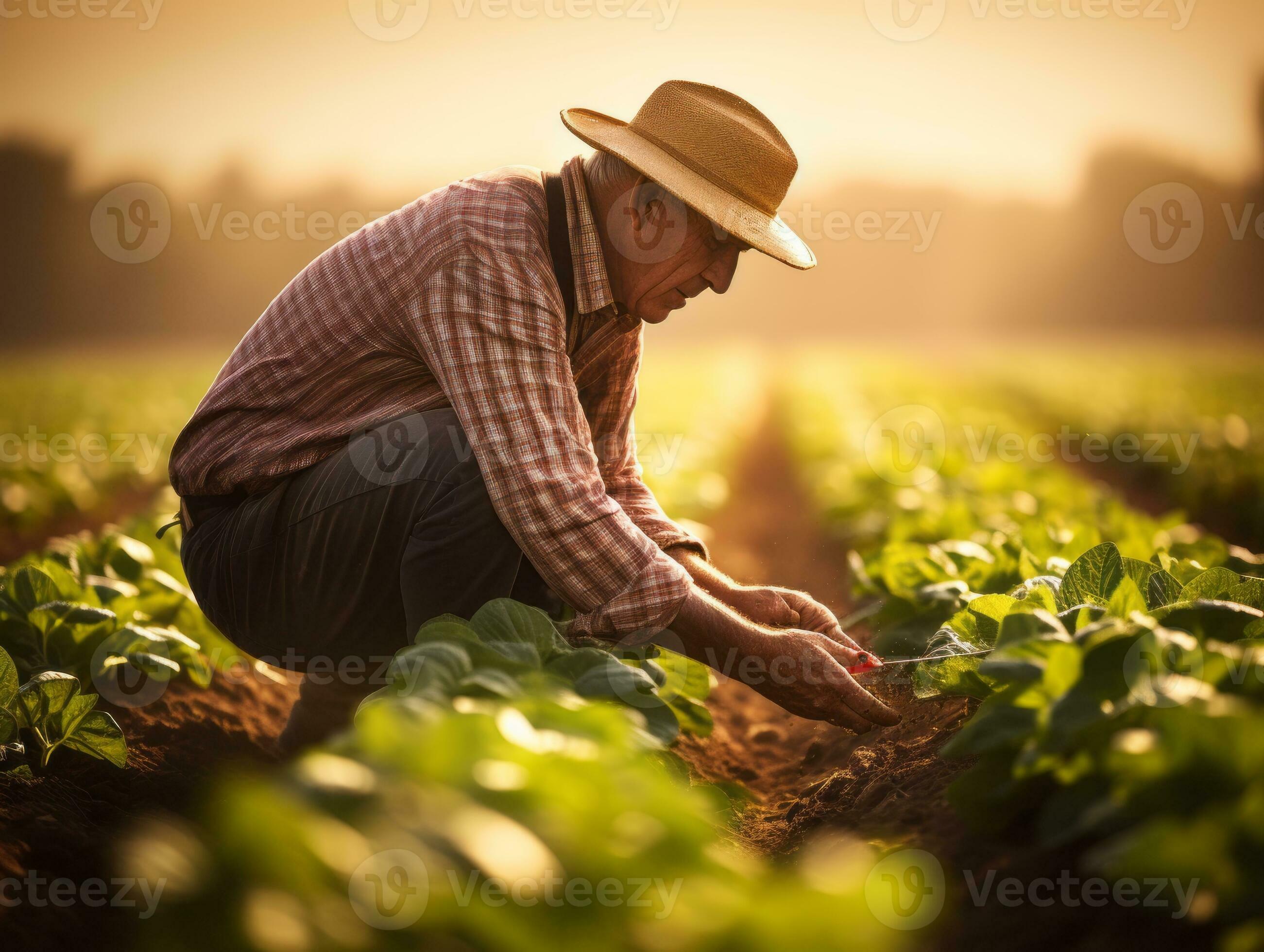 Farmer tending to rows of crops in a sunlit field AI Generative