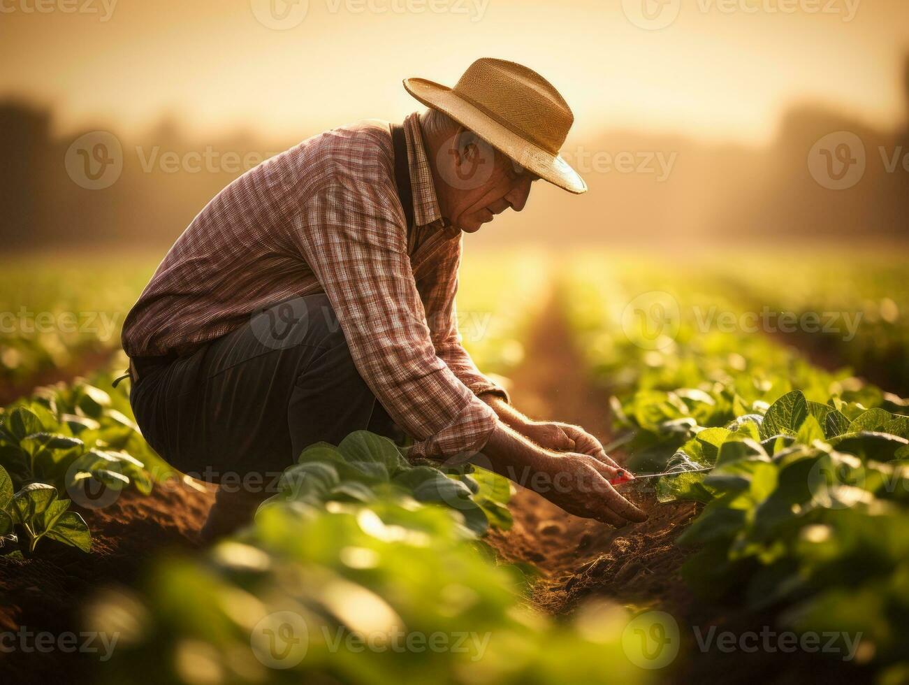 Farmer tending to rows of crops in a sunlit field AI Generative photo