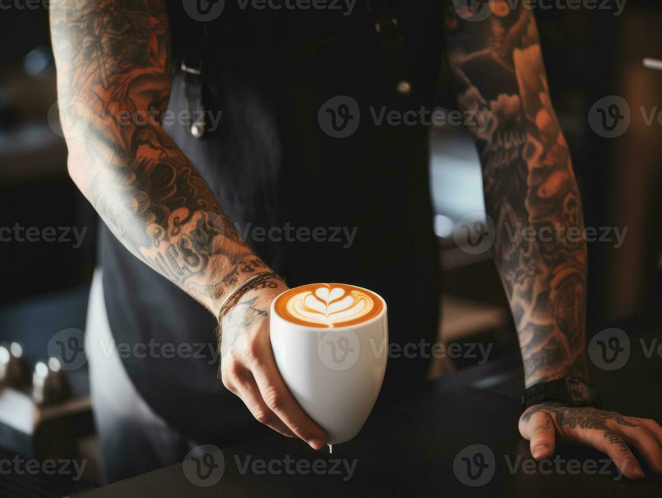 Barista carefully crafting a latte art design on a cup of coffee AI Generative photo