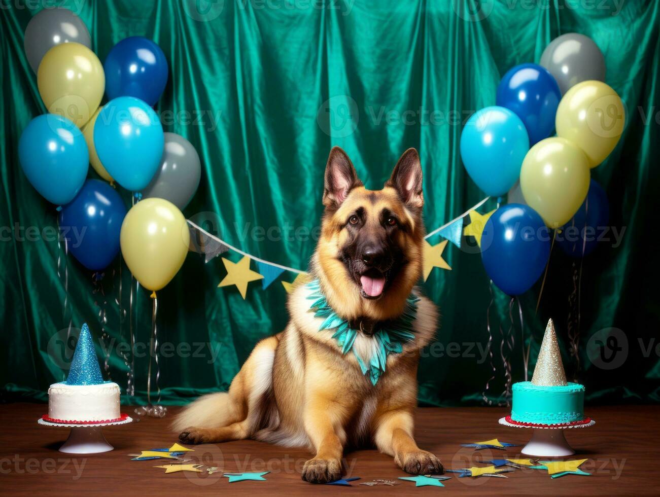 Adorable dog posing with a birthday cake at a celebration AI Generative photo