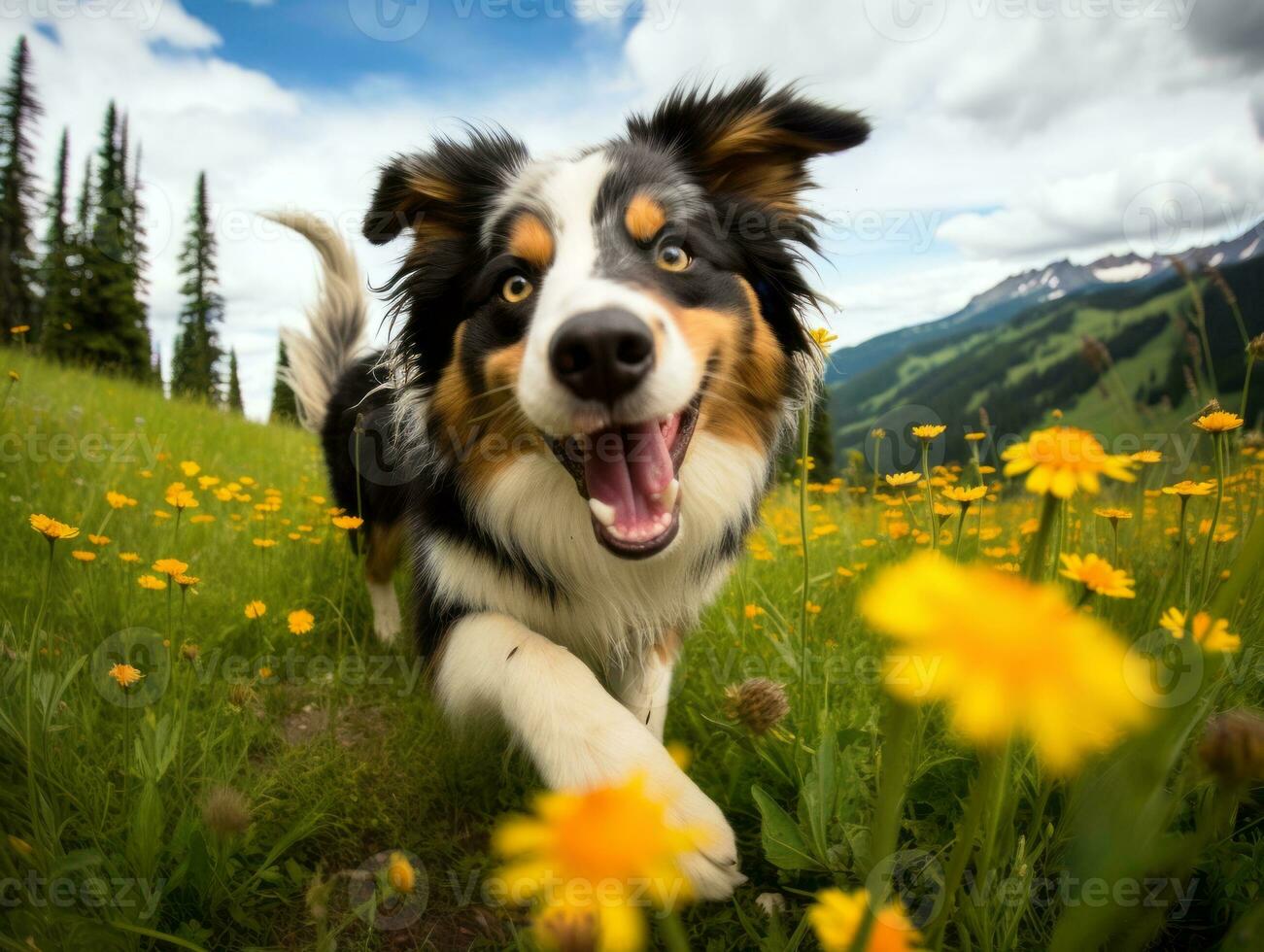 Curious dog exploring a field of blooming wildflower AI Generative photo