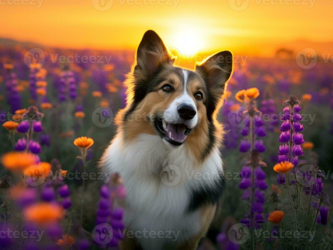 Curious dog exploring a field of blooming wildflower AI Generative photo