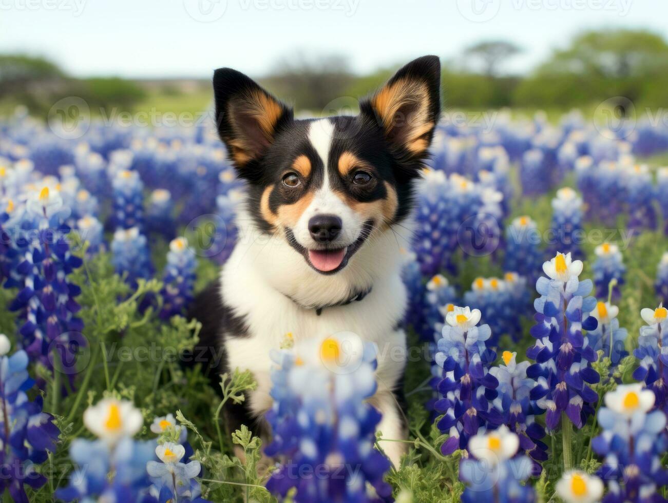 Curious dog exploring a field of blooming wildflower AI Generative photo