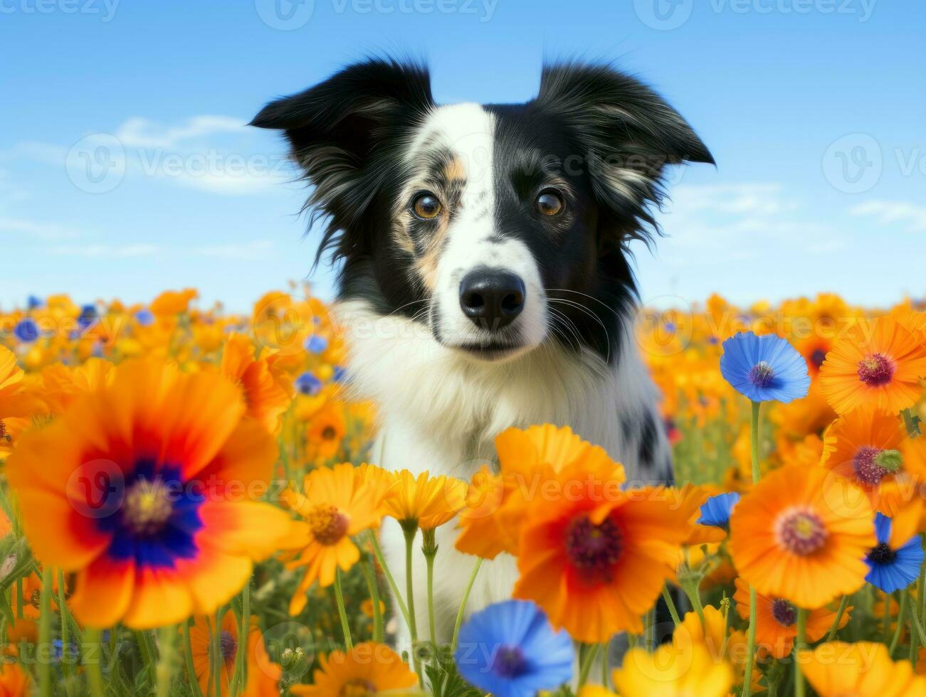 Curious dog exploring a field of blooming wildflower AI Generative photo