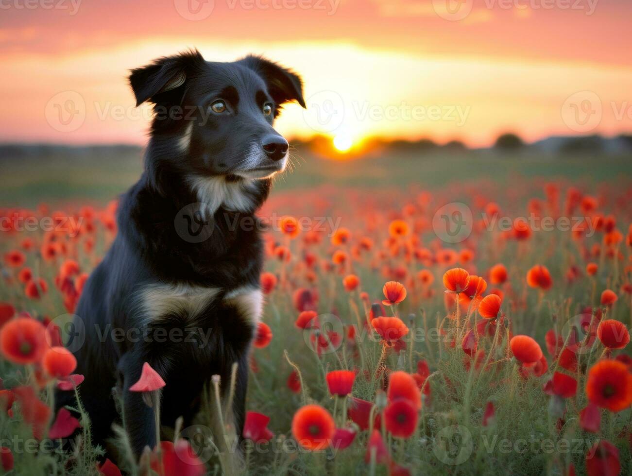 Curious dog exploring a field of blooming wildflower AI Generative photo