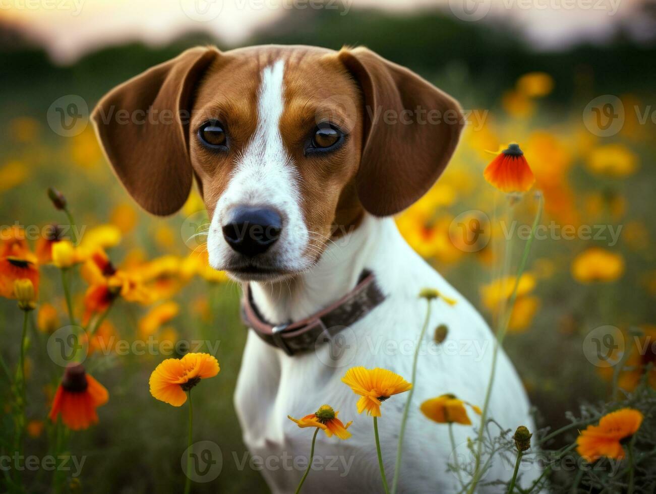 Curious dog exploring a field of blooming wildflower AI Generative photo