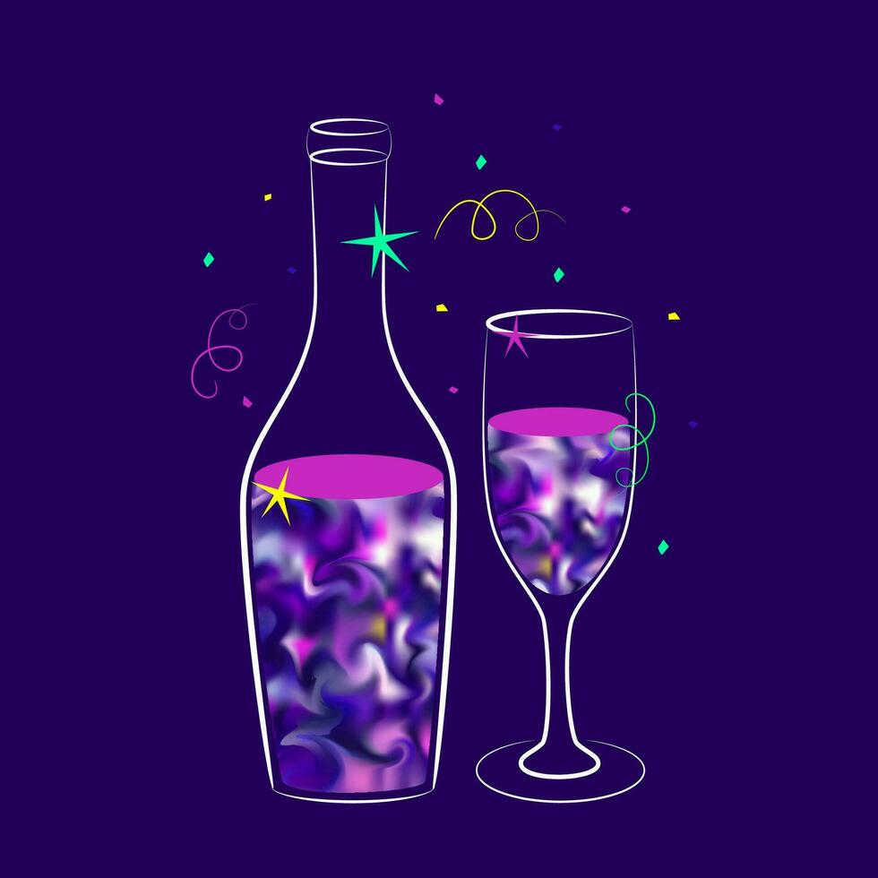 Vector illustration of Champagne bottle and glass in a trendy style. New Year and Christmas concept.