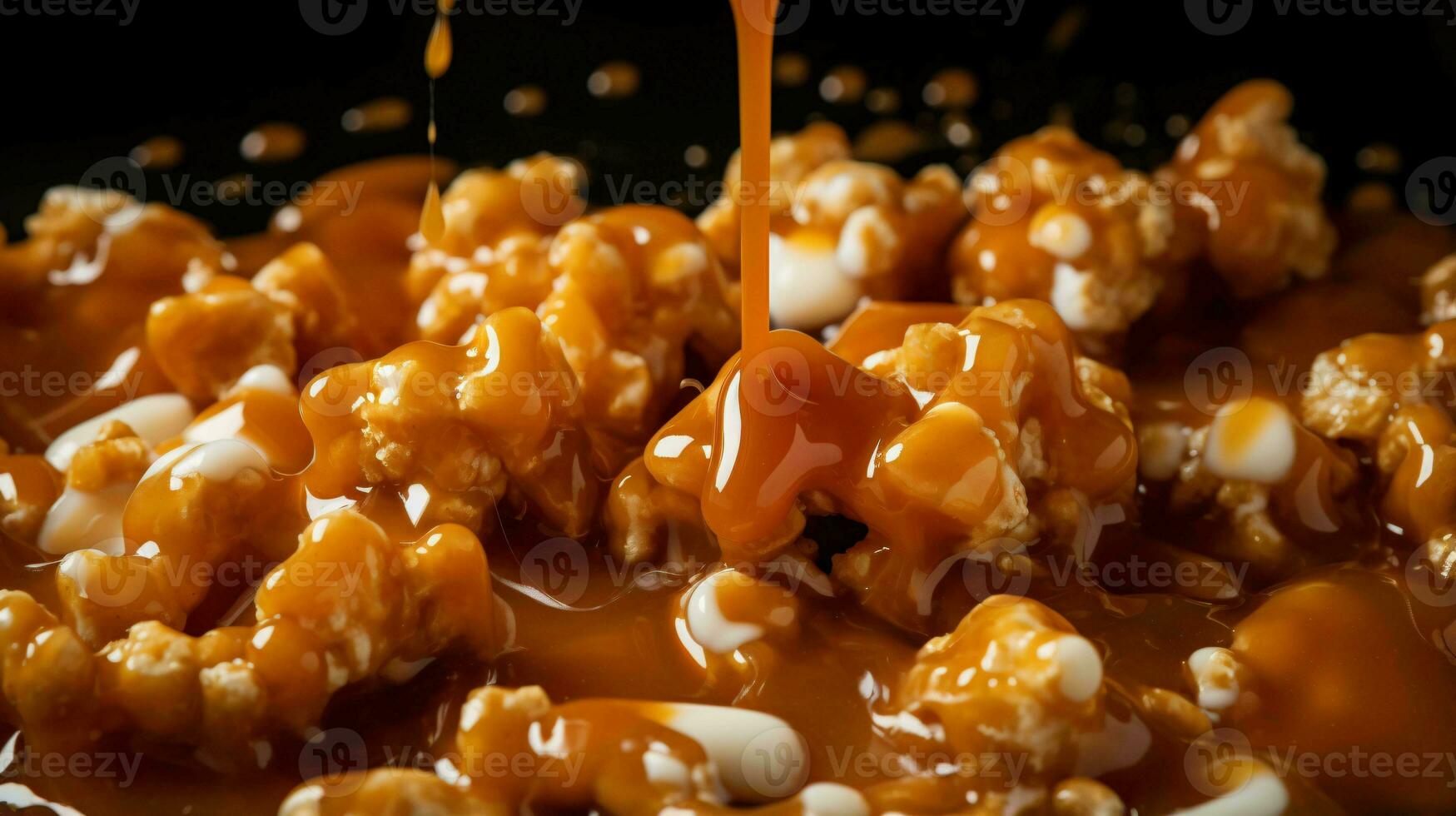 Caramel popcorn macro close shot, dripping caramel liquid, ai generated photo