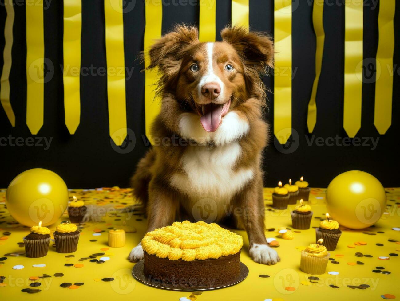 Adorable dog posing with a birthday cake at a celebration AI Generative photo