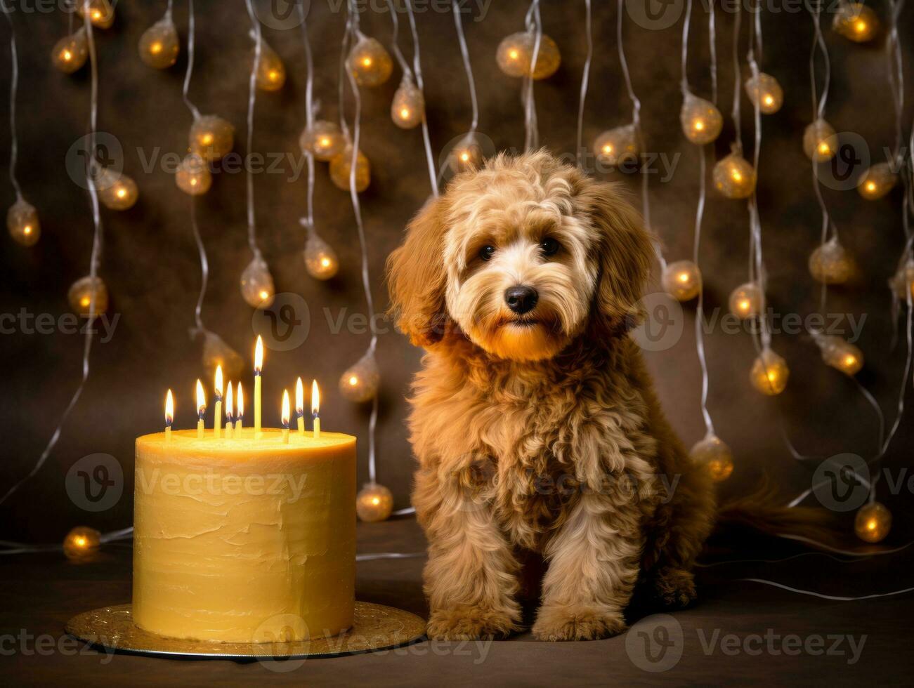 Adorable dog posing with a birthday cake at a celebration AI Generative photo