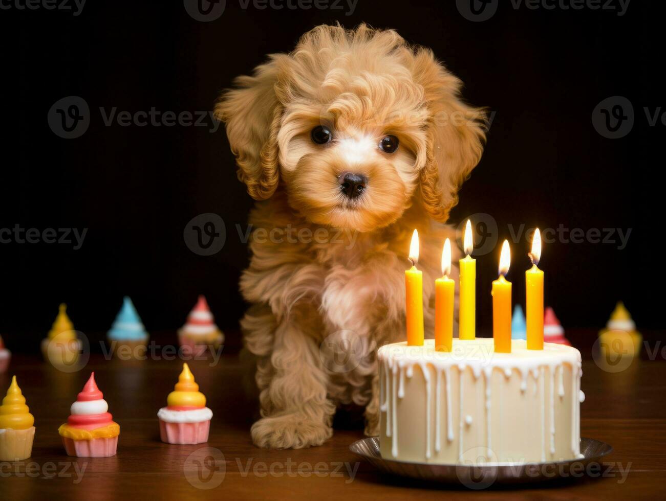 Adorable dog posing with a birthday cake at a celebration AI Generative photo