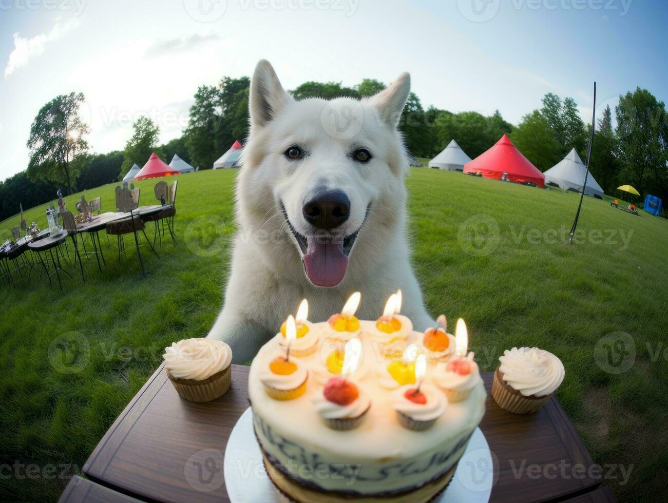 Adorable dog posing with a birthday cake at a celebration AI Generative photo