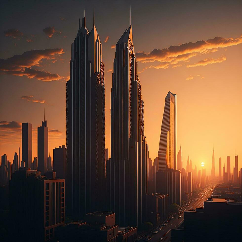 Building City And Sunset, AI Generated photo