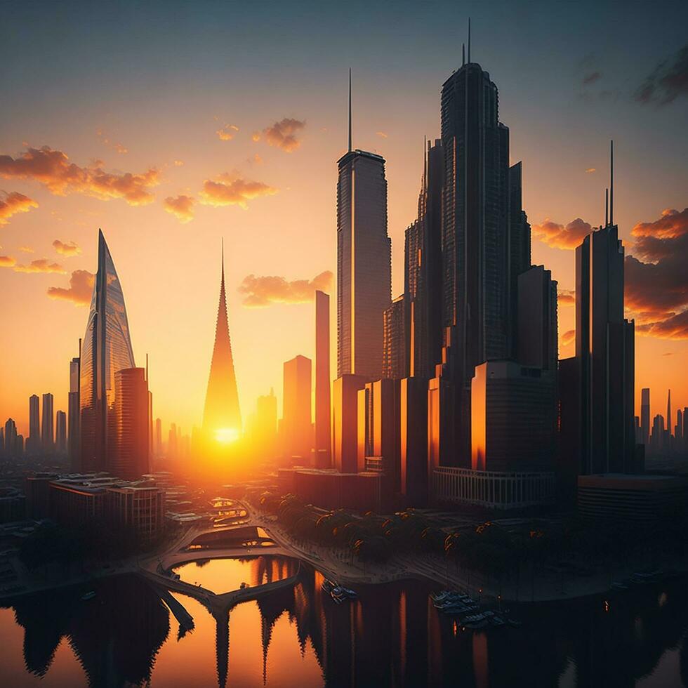 Building City And Sunset, AI Generated photo