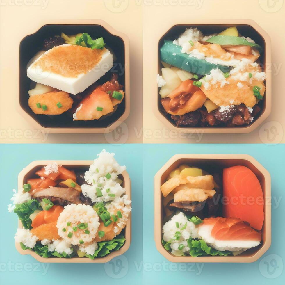 Bento or Japanese lunch box, Healthy food delivery concept. Take away take away take away boxes with vegetables and meat. photo