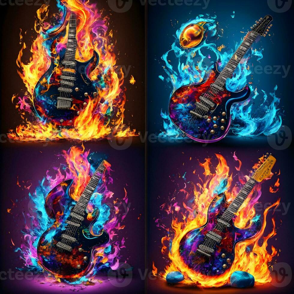 Skull playing electric guitar in fire flames on black background. Halloween concept. photo