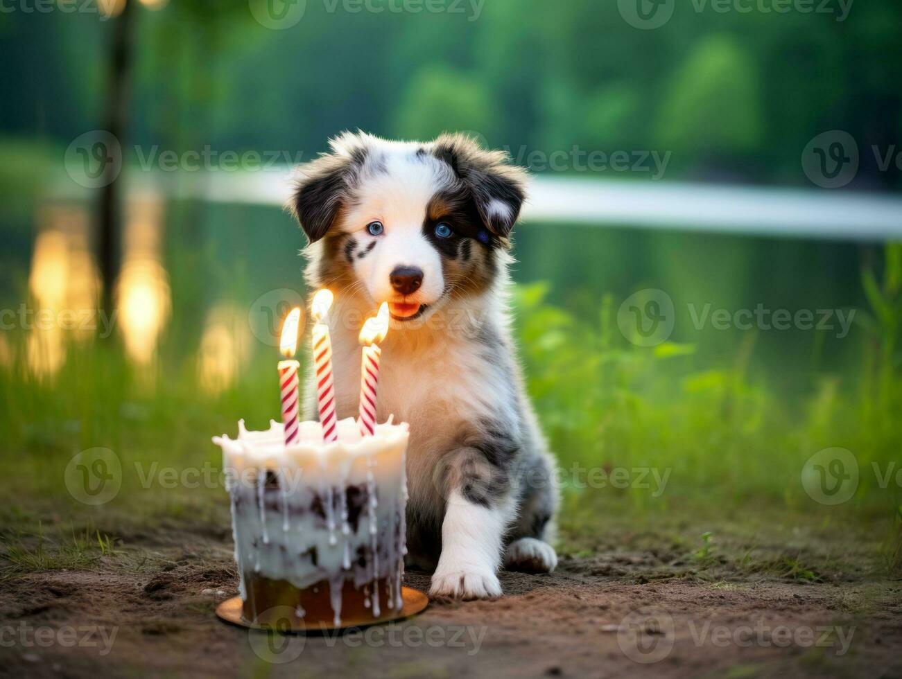 Adorable dog posing with a birthday cake at a celebration AI Generative photo