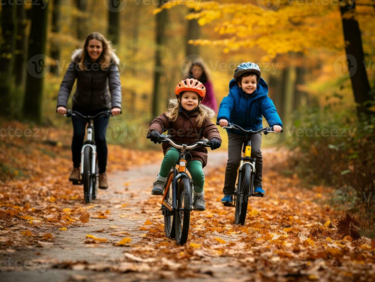 Family on bikes on a forest bike path AI Generative photo