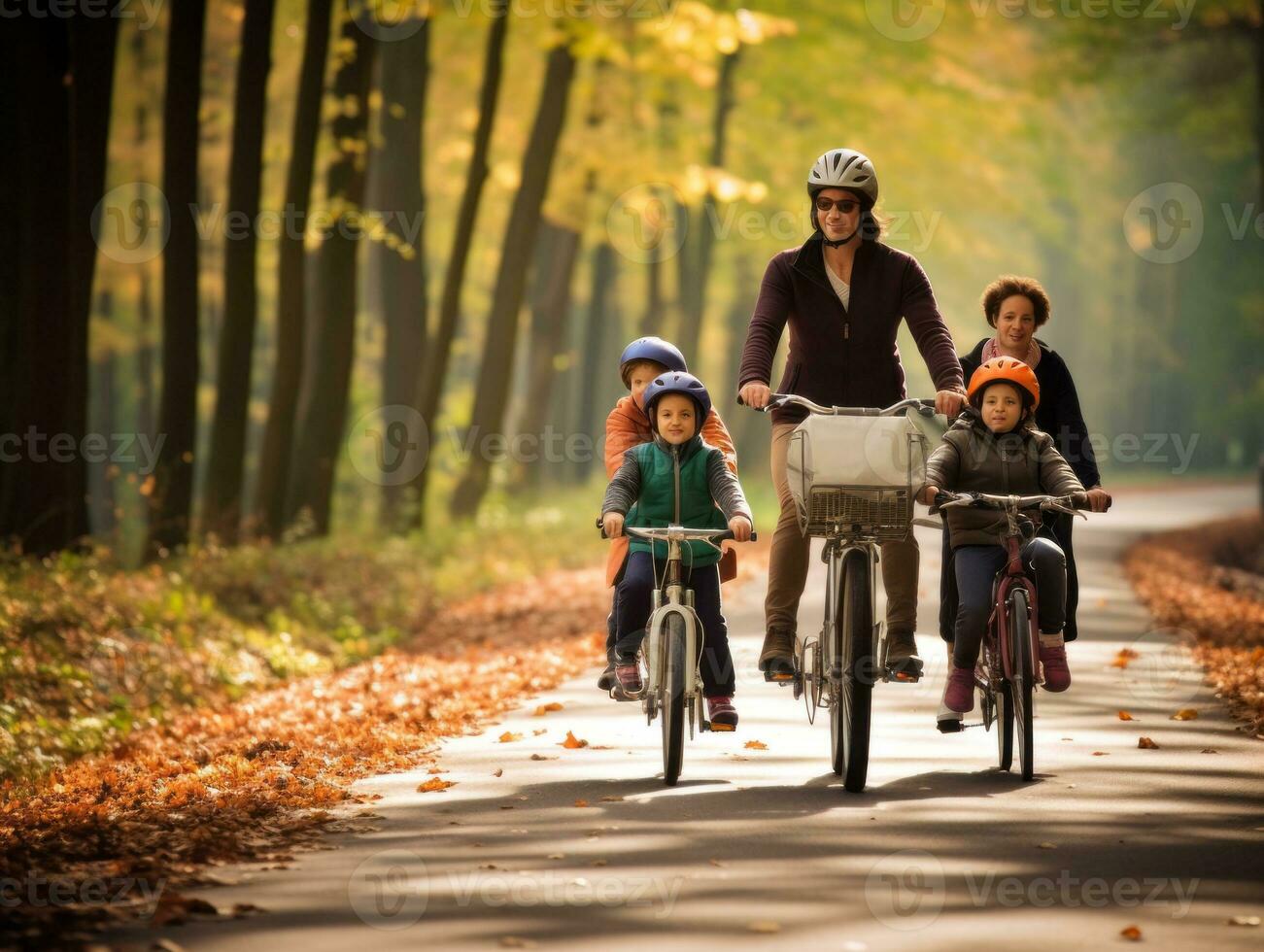 Family on bikes on a forest bike path AI Generative photo