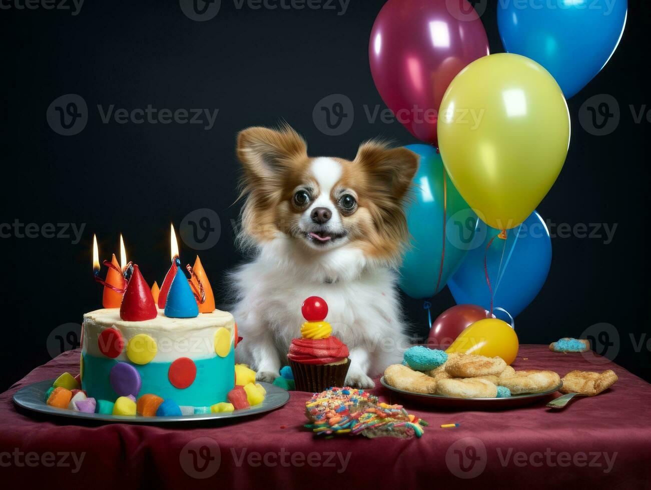Adorable dog posing with a birthday cake at a celebration AI Generative photo