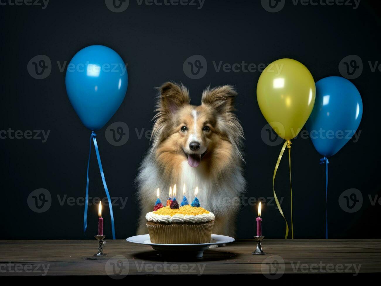 Adorable dog posing with a birthday cake at a celebration AI Generative photo