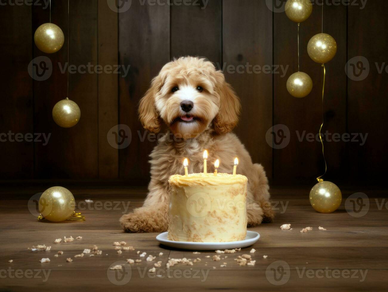 Adorable dog posing with a birthday cake at a celebration AI Generative photo