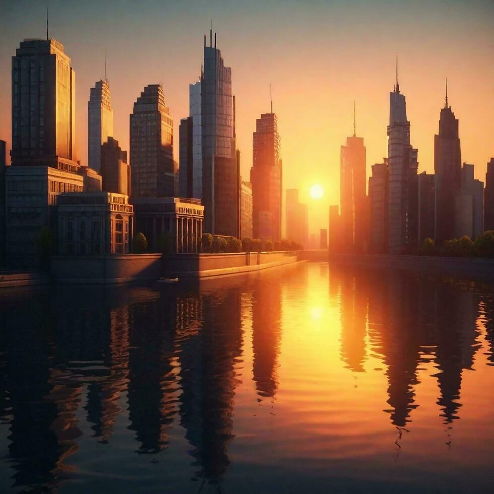 Building City And Sunset With River, AI Generated photo