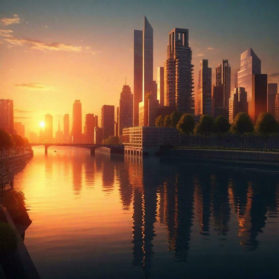 Building City And Sunset With River, AI Generated photo