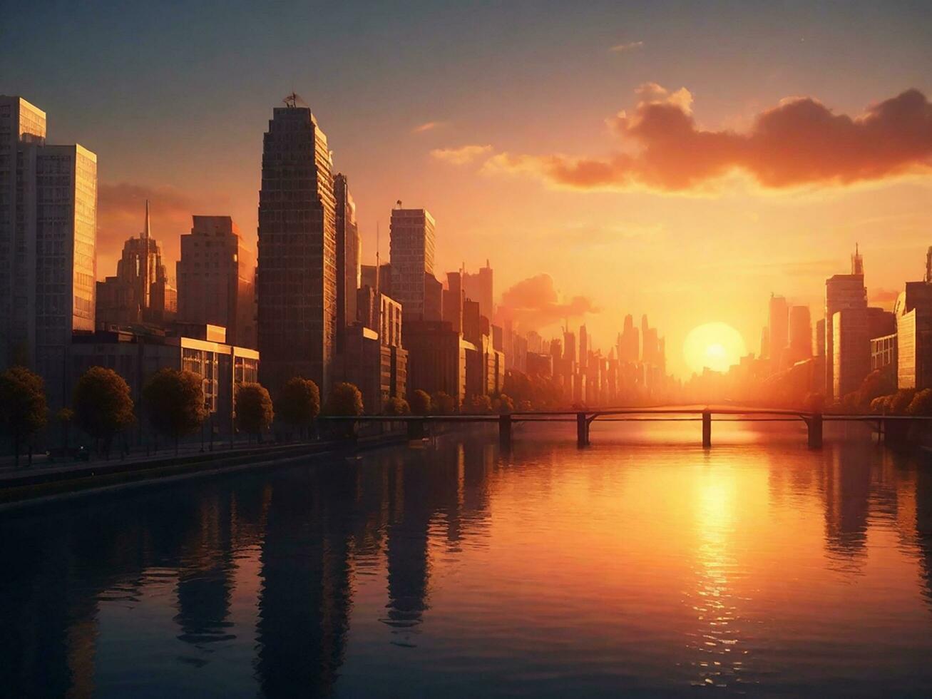Building City And Sunset With River, AI Generated photo