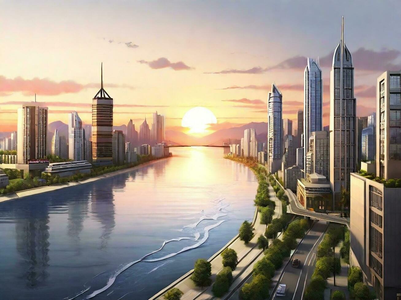 Building City And Sunset With River, AI Generated photo