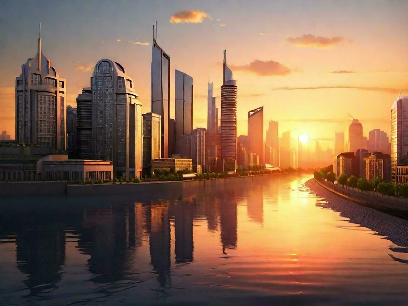 Building City And Sunset With River, AI Generated photo