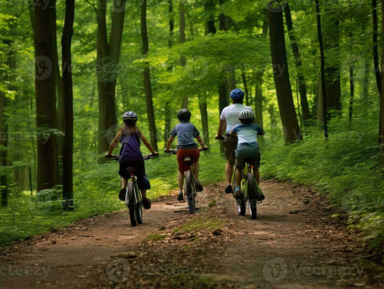 Family on bikes on a forest bike path AI Generative photo