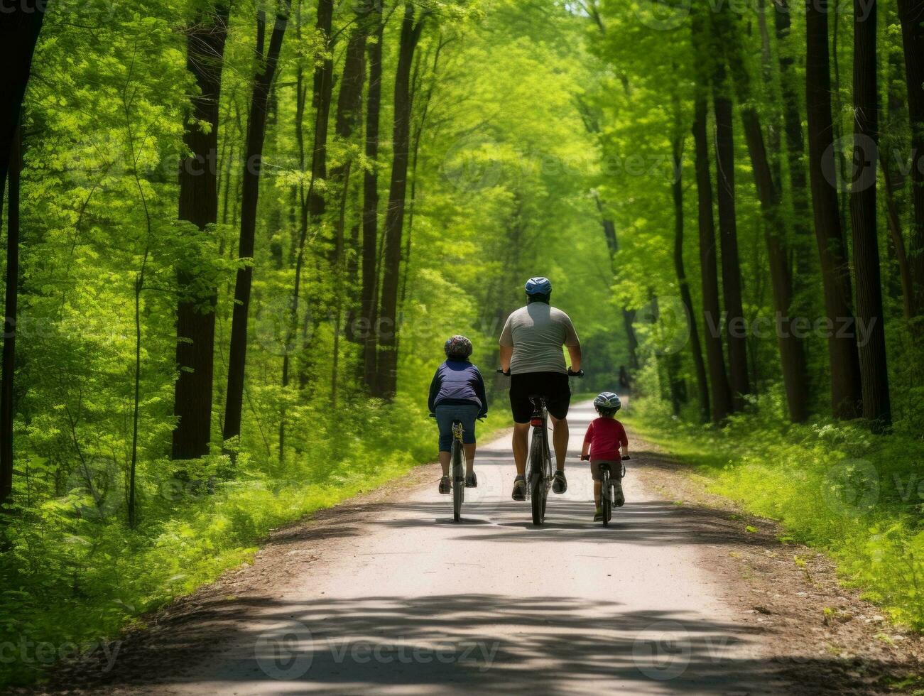 Family on bikes on a forest bike path AI Generative photo