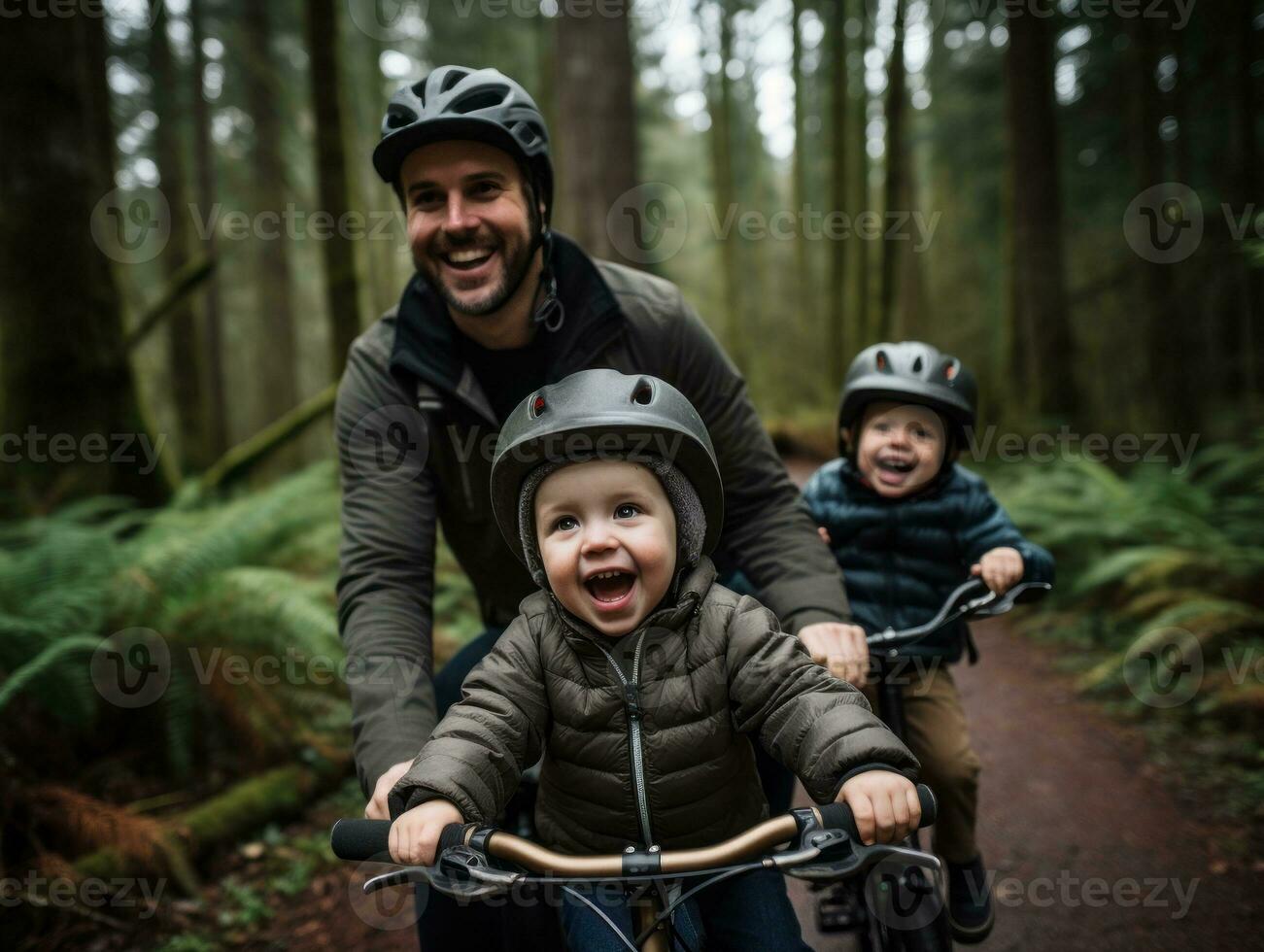 Family on bikes on a forest bike path AI Generative photo