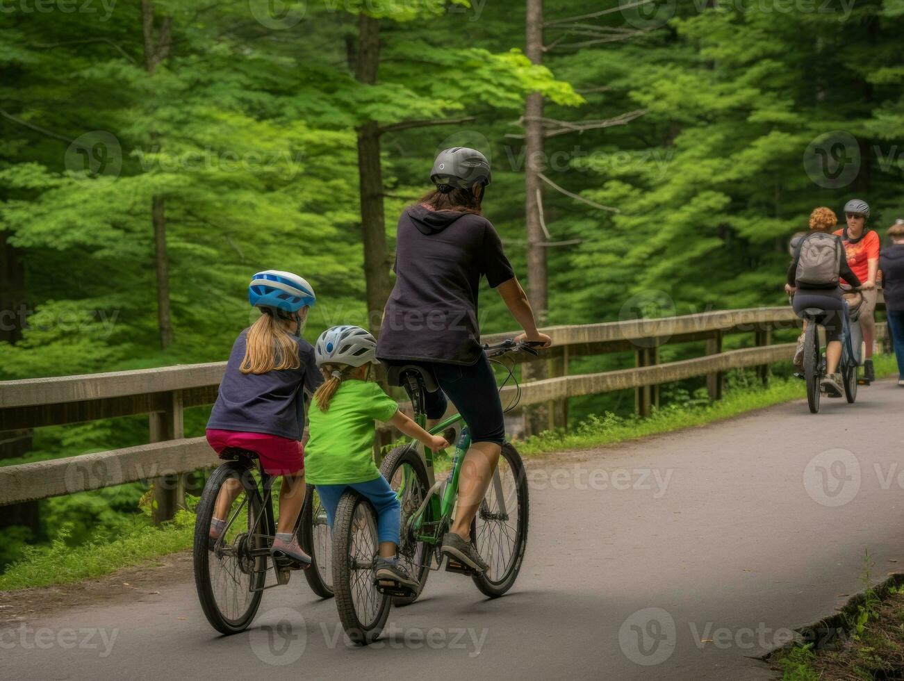 Family on bikes on a forest bike path AI Generative photo